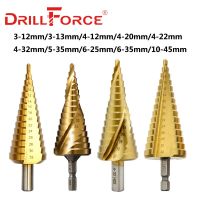 Drillforce Titanium Step Drill Bits HSS เกลียวตรงร่องสามเหลี่ยม Hex เปลี่ยนอย่างรวดเร็วก้านโลหะเครื่องตัดรูงานไม้