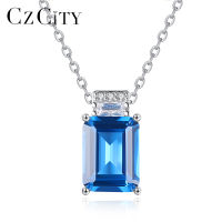 CZCITY Big Square Aquamarine Gemstone Pendant Necklaces for Women Wedding Engagement Fine Jewelry 925 Sterling Silver Kolye Gift