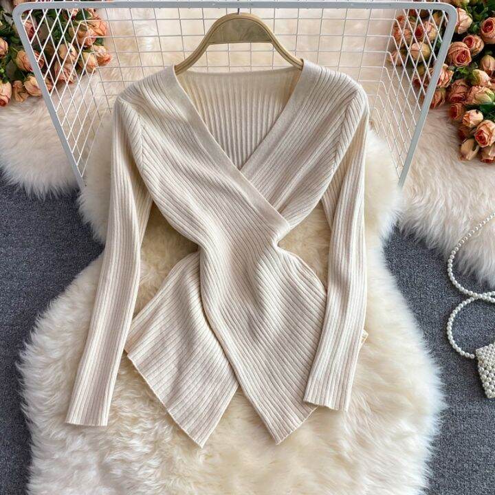 korean-style-women-ladies-autumn-winter-slim-knitted-knitwear-knit-v-neck-tops-long-sleeve-shirt-blouse-baju-baju-wanita-lengan-panjang