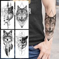 Black Geometry Wolf Temporary Tattoos For Women Adult Men Owl Feather Fake Tattoo Realistic Body Art Painting Half Sleeve Tatoos Stickers