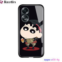 Jizetin OPPO A58 4G อนิเมะสำหรับเด็กผู้หญิงผู้หญิง Chibi Maruko Crayon สำหรับผู้ชายเคสเครื่องแต่งกายแฟชั่นเคสฝาหลังกระจกนิรภัยมันวาว