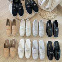 High version loafers pradaˉ genuine leather flat 2023 new P home triangle buckle British casual couple shoes lazy shoes