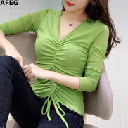 AFEG new Korean style V-neck fashion slim long-sleeved T-shirt for women