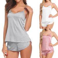 Women Deep V Neck Solid Color Sexy-lingerie Sleepwear Satin Silk Lace Up Nightwear Pajamas Set Sexy Home Clothes Sleepwear