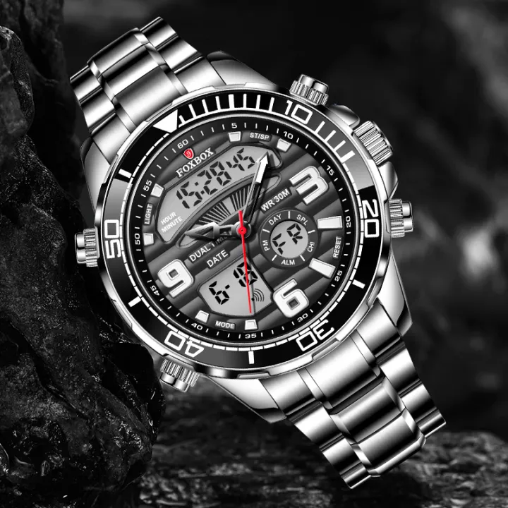 Mens Watches 2022 New LIGE nd FOXBOX Dual Display Stainless Steel Sport