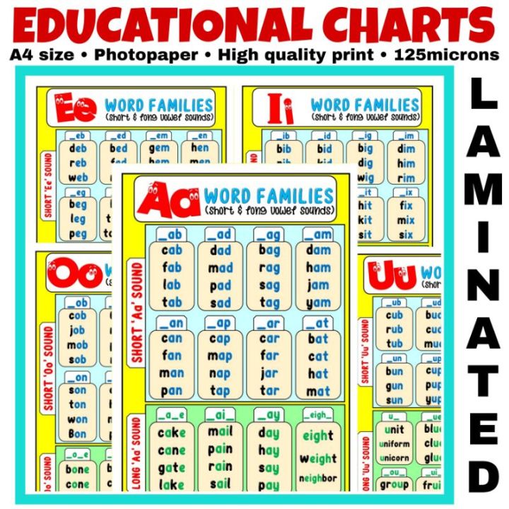 Word Families Short Long Vowel Sounds Chart Laminated A4 size Reading ...