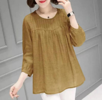 Womens Plus Size Cotton Linen Long Sleeve Shirt Korean Casual 34 Sleeve Blouse for Woman