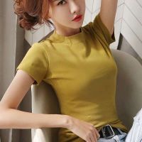 Solid Color Short Sleeve T-shirt Womens Korean Version Summer New Cotton Slim Fit T-shirt Simple Student Ins Top Woman