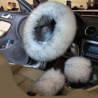 3pcsset Winter Wool Car Steering Wheel Cover Long Australian Wool Heated Fur Steering Wheel Cover Handbrake Gear Shifter Cover