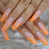 Glossy Leon Orange French Ballet Press on False Nails Extra Long Ballerina Coffin Gel Fake Fingersnails Extention Tool 24pcs