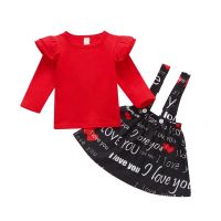 Valentines Day Lovely Kids Girls Clothes Sets 2pcs Ruffles Long Sleeve Pullover Solid Tops Print Strap Dress 0-4Y