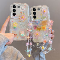 Phone Case เคส VIVO V27 V27e V25 V25e V23 V23e 4G 5G ลูกบาศก์เคสโทรศัพท์รูปการ์ตูนตุ๊กตากระต่ายกับดอกไม้สร้อยข้อมือเลนส์ป้องกันกรอบนุ่ม2023