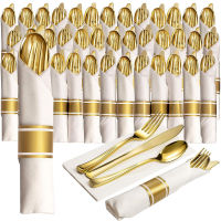 10ชุด Pre Rolled Napkin Cutlery Set Wrapped Silverware Set Gold Rolled Plastic Tableware Set For Party Wedding