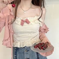 Spot parcel post Fresh Pure Sweet Bowknot Small Sling Wooden Ear Vest for Women 2023 Spring Short Inner Bottoming Top