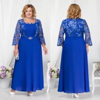 【YF】 Blue Plus Size Beaded Lace Mother Of The Bride Dresses Square Neck Long Sleeves Wedding Guest Dress A Line Chiffon Evening Gowns