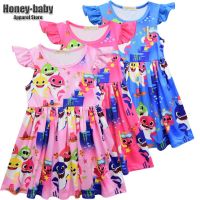 Kids Girls Anime Cartoon Animal Shark Print Short Sleeve O Neck Ruffle Dress For Carnival Princess Outfits