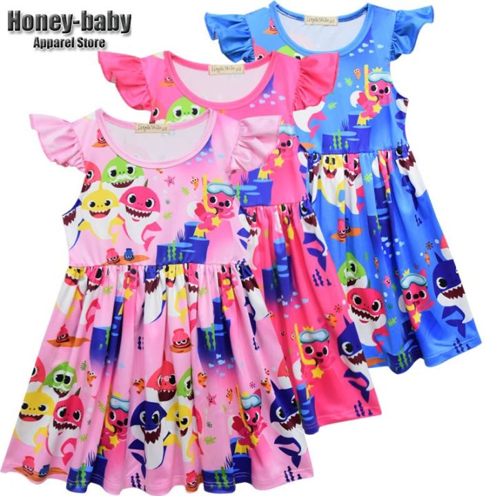 kids-girls-anime-cartoon-animal-shark-print-short-sleeve-o-neck-ruffle-dress-for-carnival-princess-outfits