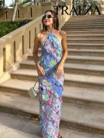 【YF】 TRAFZA Female Beach Style Slim Dresses Printed Layered Ruffle Edge Flounces Decorate Sleeveless Backless Womens Sexy