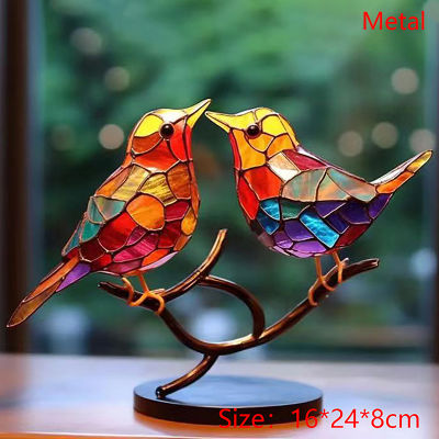 Fuchun นกบนกิ่งไม้สีของประดับโต๊ะทำงานชุดนกสีสันสดใสสองด้านงานฝีมือรูปสัตว์ศิลปะจากโลหะตกแต่งบ้าน