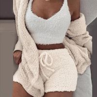 Sexy Women Fluffy Pajama Sets 3 Piece Tracksuit Plush Hooded Cardigan Coat Crop Top Shorts Casual Sleepwear Suits Plus Size