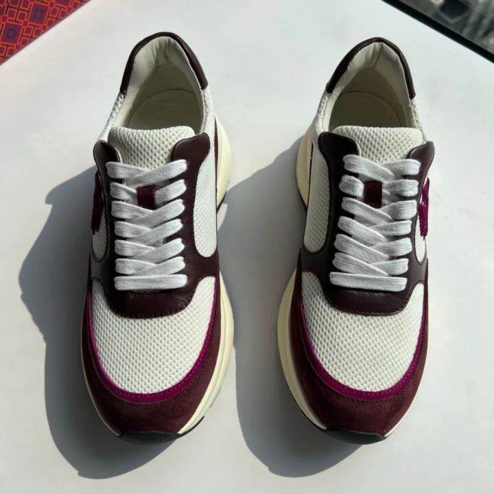 2023-new-tory-burch-two-colors-cowhide-breathable-mesh-fabric-stitching-lace-up-sneaker-casual-shoes