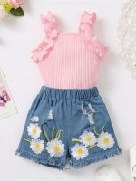 Baby Girl Clothes Jeans Outfit Straps Knit Romper Bodysuit Floral Denim Short Pants Newborn Girl Outfit Summer Clothes  by Hs2023