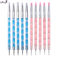 Monja 5pcsSet Dual Ends Nail Art Brush Silicone for Acrylic UV Gel 3D Carving Emboss Builder Metal Ball Dotting Drawing Painting Pen Salon Home DIY Manicure Design Tools Devices