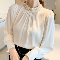 Spring Women Chiffon Blouse Shirt Tops Long Sleeve Beading Stand Collar Blouse Women Blusas Mujer De Moda 2022 Blouses F360