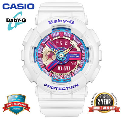 Baby-G BA112 นาฬิกาข้อมือสตรีแบบ สองเวลา แสดงผล 100M กันน้ำกันกระแทกไฟอัตโนมัติ LED แสดงเวลาโลก กีฬานาฬิกาข้อมือรับประกัน 2 ปี BA-112-7A 100% ใหม่แท้