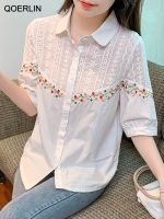 【HOT】▧❒ QOERLIN S-3XL Embroidered Shirts Short Sleeve Hollow Out Blouse Single-Breasted Shirt Up