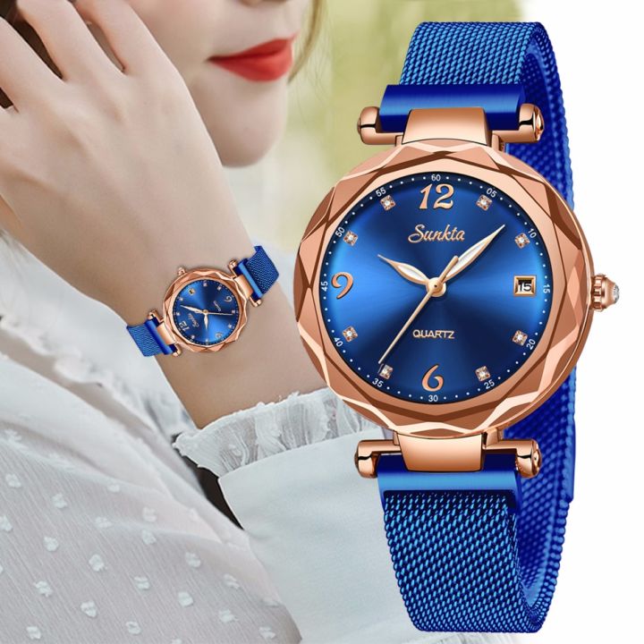 sunkta-นาฬิกาท้องฟ้าประดับดาวสำหรับผู้หญิง-นาฬิกาสายแม่เหล็กหรูหรานาฬิกาข้อมือควอตซ์สายนาฬิกาแบบถักทองคำสีกุหลาบนาฬิกาเพชร
