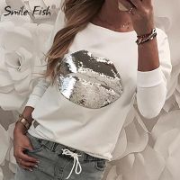 Spring Women Tops Hot Sequined Lip T-shirts Black White Casual Tee Shirt Femme O-neck Long Sleeve Tshirts G1113