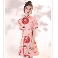 【CW】 Chinese Traditional Dress for Women Qipao Summer Cute Short Cheongsam Retro Crane Print Slim Slit Party Dresses Short Sleeve