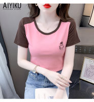 AIYIKU เสื้อยืดแขนสั้นผู้หญิง,2023สีตัดกันเสื้อปักลายใหม่ฤดูร้อน