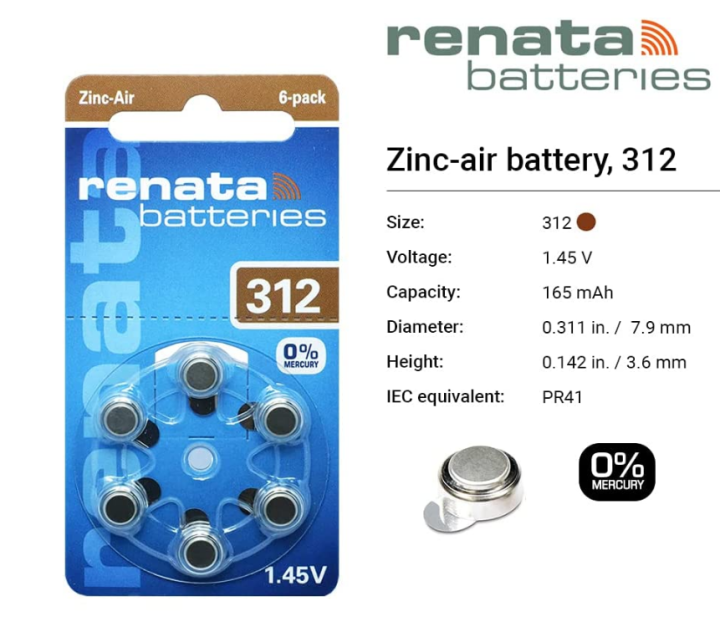 Renata Hearing Aid Battery 312 Zinc Air Hearing Aid Pack of 6 pcs (1