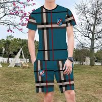 【Hot Sale】 new mens casual short-sleeved suit trendy handsome fashion classic plaid two-piece