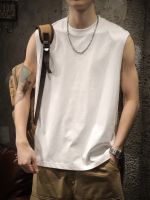 American heavy sports vest mens summer trendy white loose sleeveless vest cotton fitness short-sleeved t-shirt