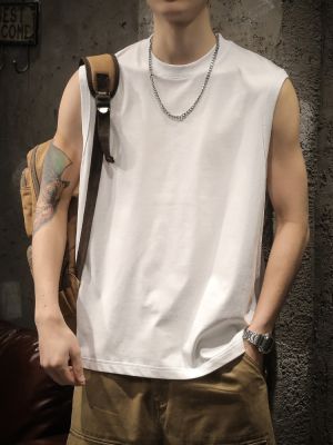 original American heavy sports vest mens summer trendy white loose sleeveless vest cotton fitness short-sleeved t-shirt