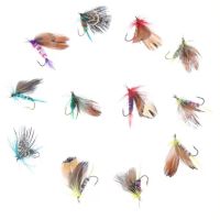 12pcs Fly เหยื่อล่อปลาชุดแมลงเหยื่อปลอม Feather ตะขอเดี่ยว