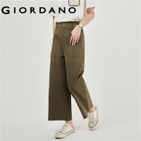 GIORDANO Women Pants Half Elastic Waist Two Buttons Pants Big Pockets Wide Leg Ankle Length Fashion Casual Cotton Pants 18423204