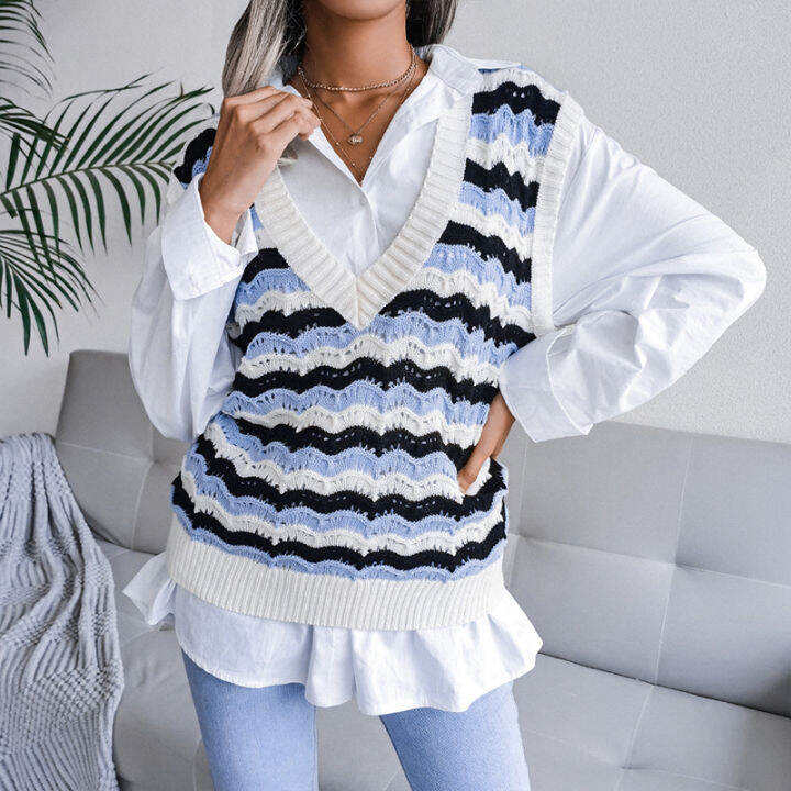 autumn-v-neck-casual-loose-knit-vest-sweater-women-fashion-all-match-pullover-tops-college-style-diamond-print-tank-sweater