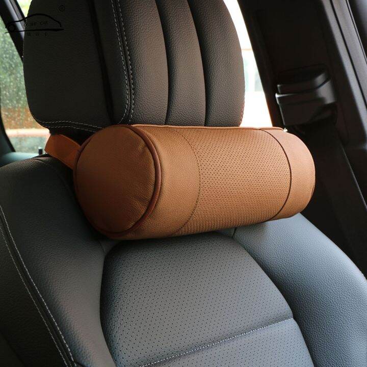 memory-foam-car-neck-pillowgenuine-leather-auto-cervical-round-roll-office-chair-bolster-headrest-supports-cushion-pad-black