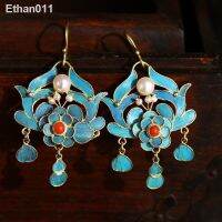 ✴Ethan011 Q267 Cloisonne ต่างหูมรกตเลียนแบบจุดยาวชุบทองไข่มุกเมืองต้องห้ามจุดต่างหูสไตล์จีนมรกต