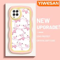 YIWESAN เคสปลอกสำหรับ Samsung Galaxy A22 4G A22 5G เคส M22ลายการ์ตูนสีชมพูเฮลโลคิตตี้สีสันสดใสลายคลื่นขอบป้องกันเลนส์กล้องเคสโทรศัพท์โปร่งใสน่ารักเคสนิ่มกันกระแทกเคสซิลิโคนใส