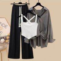 Zomer Nieuwe Losse R Grey Chiffon Shirt Sexy Riem Wijde Pijpen Driedelige Set Elegante Damesbroek Set Populaire Outfits