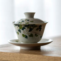 เซรามิค Handmade Kung Fu Gaiwan Creative Hand-Painted Chrysanthemum ชา Tureen ชุดชาสำนักงานชามชาพร้อมจานรอง Drinkware