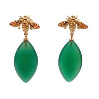 1.5 Green Agate 18 K Gold Color Beetle Stud Earrings