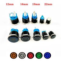 Black Push Button Switch 12/16/19/22mm Waterproof illuminated Led Light Metal Flat Momentary Switches with power mark 5V 12V 24V