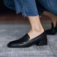 รองเท้าเรือสตรี Retro Square Toe Loafers ฤดูใบไม้ร่วง One-Pedal Loafers ส้นหนากลางรองเท้า