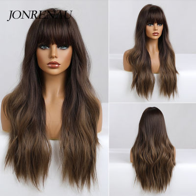 JONRENAU Synthetic Long Wavy Wig With Bangs Ombre Brown Cosplay Party Lolita Wigs for Black White Women Hair Heat Resistant Wigs